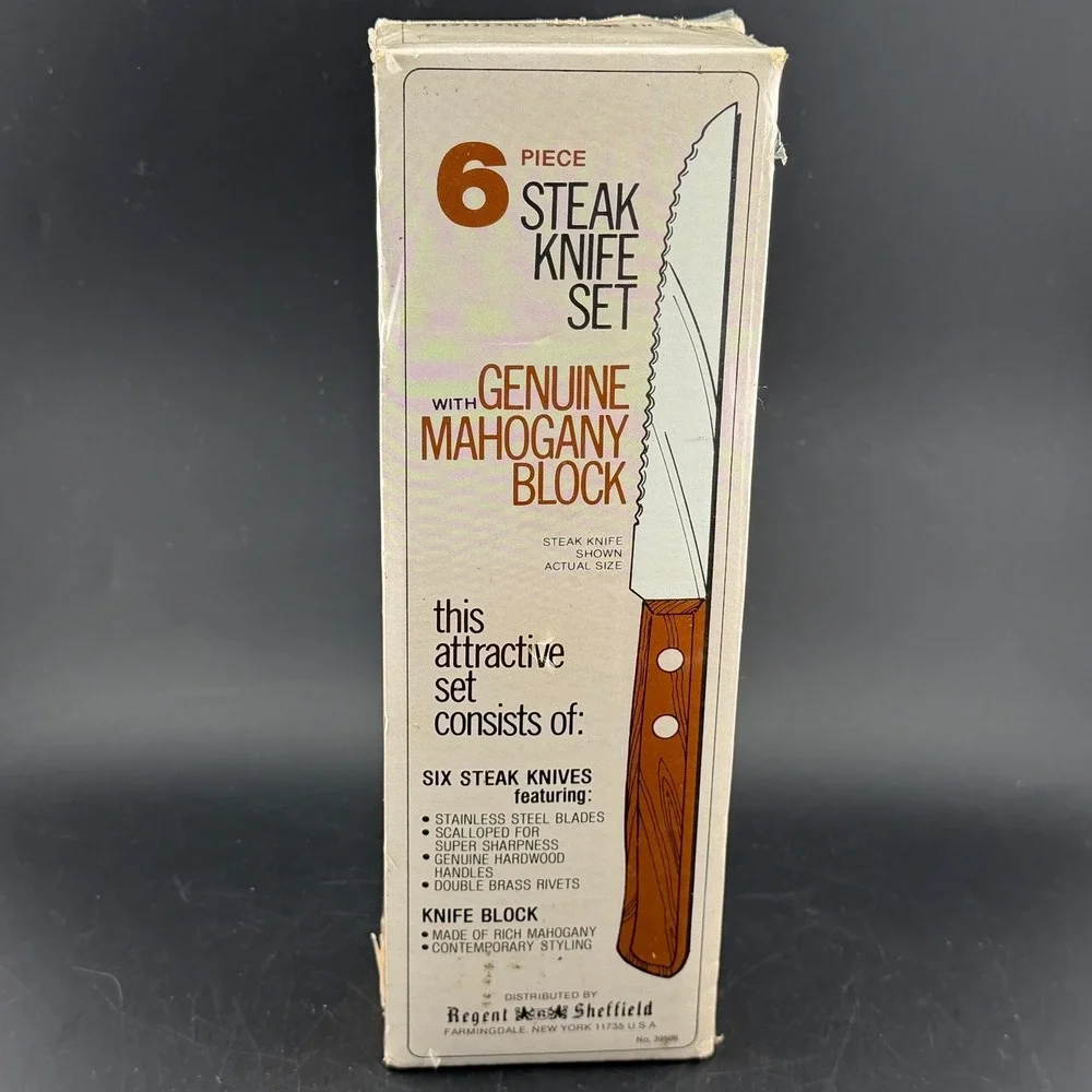 Vintage Regent Sheffield 6 Piece Steak Knife Set: Genuine Mahogany Block, NEW